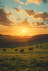 Fototapeta premium Scenic Sunset Over Green Field with Silhouetted Cows Grazing in the Distance, Capturing Nature's Beauty and Tranquility in Rural Landscape