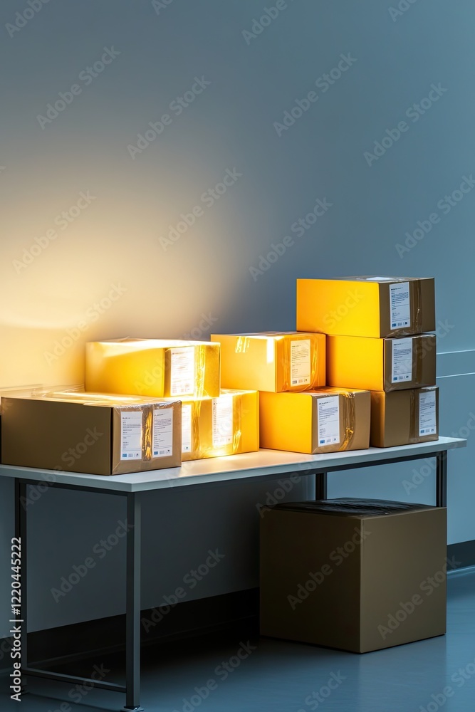 Poster illuminated boxes on table create warm atmosphere in minimalist