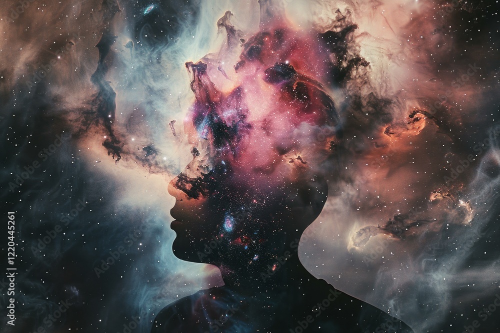 Poster nebula and stars filling the silhouette of a human head, creating a surreal and cosmic portrait expl