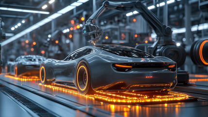 Futuristic Car Assembly Line With Robotic Automation