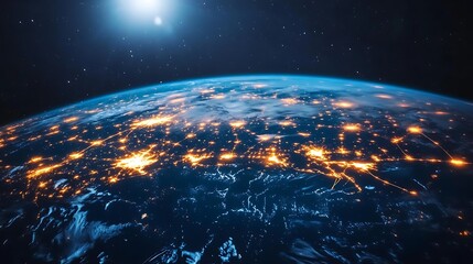 Obraz premium A blue background with the Earth globe and network connection