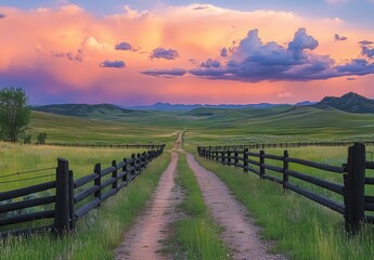 Serene Country Road Surrounded by Lush Green Fields Under a Colorful Sunset Sky with Dramatic Clouds in a Peaceful Natural Landscape
