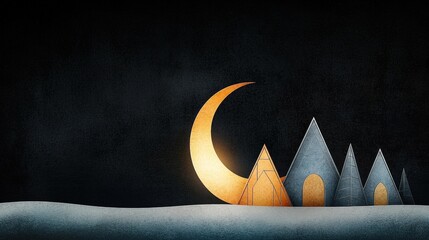 Abstract geometric landscape at night with crescent moon and simple structures in dark tones