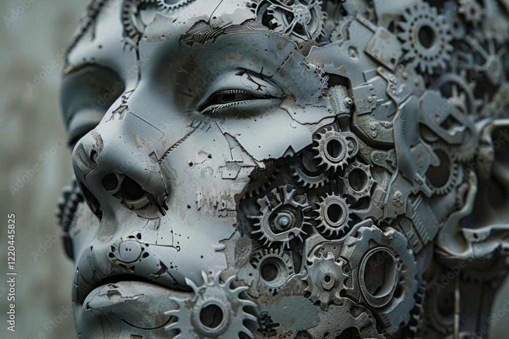 Poster artificial intelligence face with visible gears and metal plates, symbolizing the integration of min
