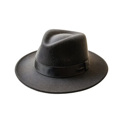Black Felt Winter Fedora Hat with Wide Brim and Ribbon Isolated on Transparent Background
