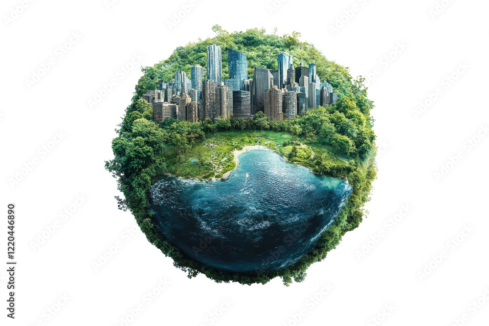 Poster a vibrant representation of a sustainable future, blending nature and urban life harmoniously. this 