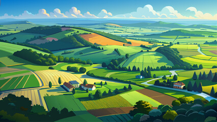 Aerial view of endless lush pastures and farmlands of England. Beautiful English countryside with emerald green fields and meadows. © williamnoah