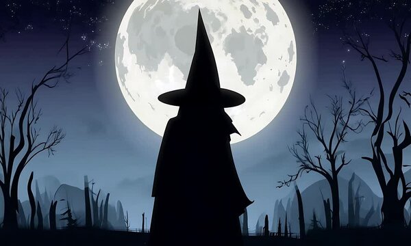 Witch Silhouette Under Full Moon - Halloween Background