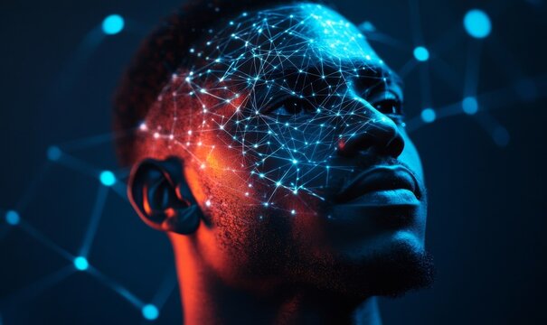 Portrait of Man with Neon Network Nodes Highlighting Face Against Dark Blue Background, Artificial Intelligence and Technology Concept, Generative AI