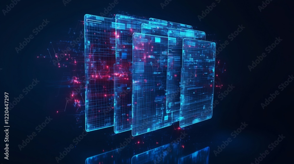 Poster futuristic holographic interface of file manager with scanning documents, digital storage, cloud dat