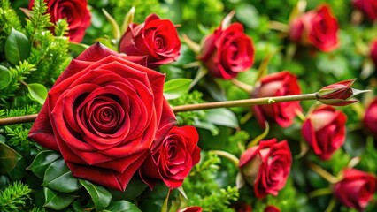 Fototapeta premium Fresh red rose bouquet with a pointed arrow piercing through the center, surrounded by lush greenery, gift, valentines