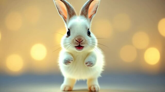 Adorable White Rabbit Singing or Talking Against a Soft Bokeh Background