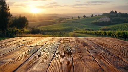 Rustic Wooden Table Sunset Vineyard Landscape