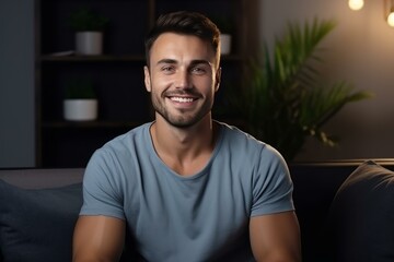 Obraz premium Happy man sitting on couch in living room, enjoying his leisure time