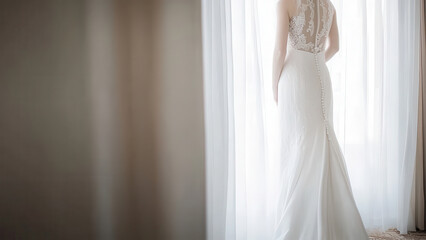 Fototapeta premium Elegant bride standing near window, wearing beautiful gown, radiating joy and anticipation