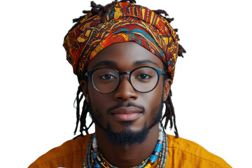 Obraz premium A young man with dreadlocks and glasses wears a colorful headwrap. His expression is confident and thoughtful, embodying cultural pride and individuality.