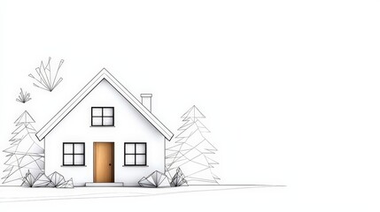 Minimalistic house illustration with nature elements and clean lines in modern design style