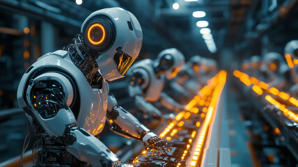 Obraz premium Futuristic Robots Working on an Assembly Line in a Modern Factory