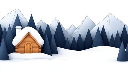Cozy Wooden Cabin Nestled in Snowy Mountains Surrounded by Pine Forest and Frosty Landscape