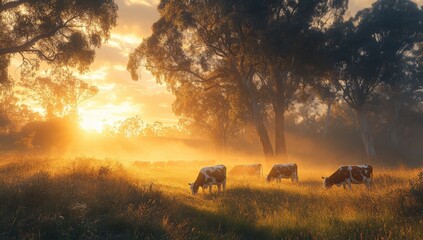 Serene Sunrise Over Pasture with Cows Grazing Amidst Golden Light and Mist in a Tranquil Rural Landscape Captured at Dawn in Australia