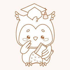 Outline Cute Owl with graduation cap holding book. Wise cartoon kawaii bird graduate character. Line drawing, coloring book. Vector illustration. Kids collection