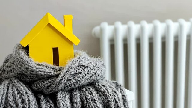 House model in a Scarf. Creativity Image of Cold Season. Heating System, Winter is Coming Creative Concept. Mini residential house Wearing a Knitted Warm Clothes. Electricity and Gas Price Rising