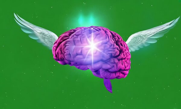 Abstract Green Background with Glowing Brain & Wings