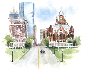 hand-drawn watercolor sketch of Dallas. Old Red Museum. Dealey Plaza