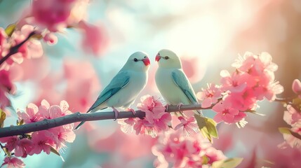 Pastel Parakeets Perched on Spring Blossoms Romantic Bird Couple in Peach Tree Branches