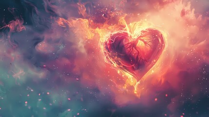 Fiery Heart in Cosmic Nebula Artistic Romantic Love Concept