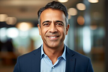 Obraz premium Portrait of smiling businessman wearing suit in office setting