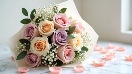 Wedding bouquet of multi colour roses on white table