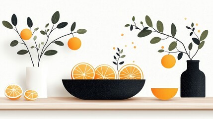 Modern Still Life with Oranges and Greenery on Minimalist Background