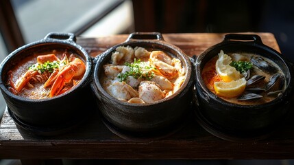 Rustic Bowls of Warm Soups and Stews on Wooden Table