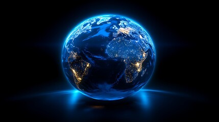 Fototapeta premium A blue Earth with lights on it centered, Realistic 3d planet earth