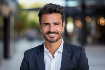 Fototapeta premium Confident businessman smiling in urban business district, exuding professionalism and success