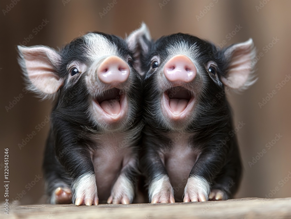 Poster two adorable piglets displaying joy with cheerful expressions, surrounded by a natural background, p