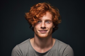 Obraz premium Studio portrait of a cheerful ginger man with freckles smiling on dark background