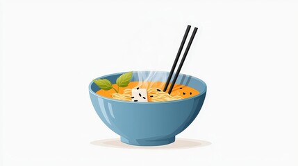 Delicious Bowl of Noodle Soup with Herbs and Steam Rising in a Minimalistic Style