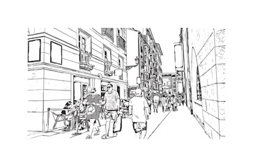 Print Building view with landmark of Burgos city in Spain. Hand drawn sketch illustration in vector.