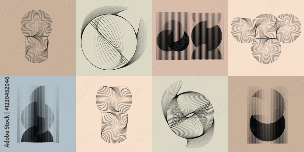 Poster art composition with lines in circle and semi circle shapes .modern art design .neutral color stripe