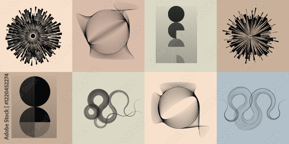 Poster art composition with lines in circle and semi circle shapes .modern art design .neutral color stripe