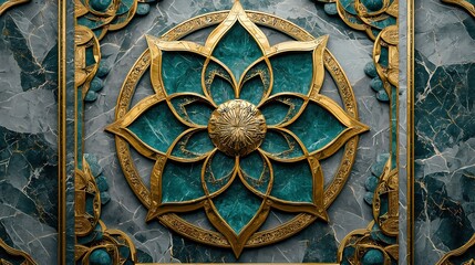 Elegant Teal and Gold Mandala Design on Marble Background Luxurious Ornate Jewel Pattern