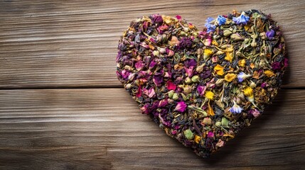 Colorful loose tea leaves arranged in the shape of a heart on a wooden background