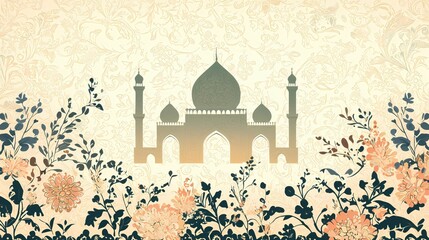Serene Mosque Silhouette Framed by Elegant Floral Design