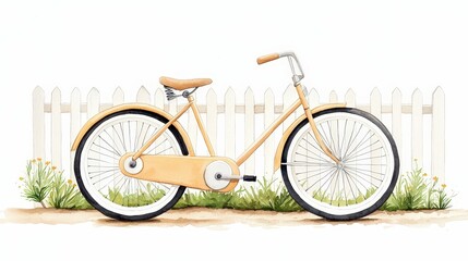 Fototapeta premium Vintage Bicycle Illustration with Wooden Handle and White Fencing in Soft Pastel Colors
