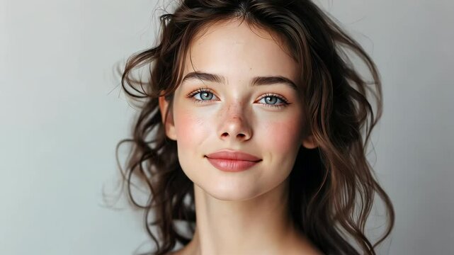  Caucasian woman with pretty beautiful clean skin and no makeup smiling confidently , Off shoulder dress, skincare and beauty concept, at home