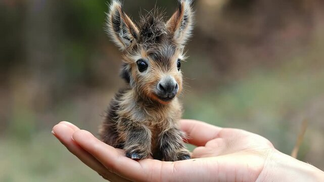 cute small baby donky in woman hand, cute animal 