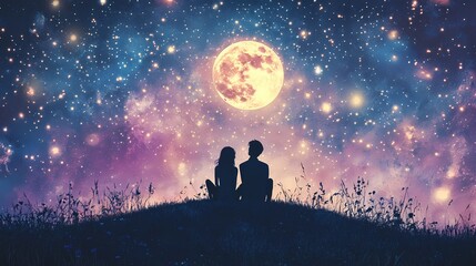 Fototapeta premium Romantic Couple Silhouetted Against a Magical Night Sky with a Large Moon and Sparkling Stars