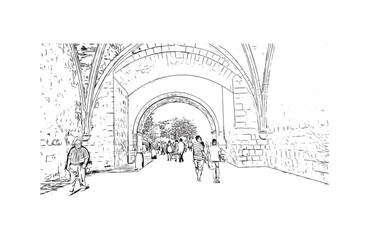 Obraz premium Print Building view with landmark of Burgos city in Spain. Hand drawn sketch illustration in vector.